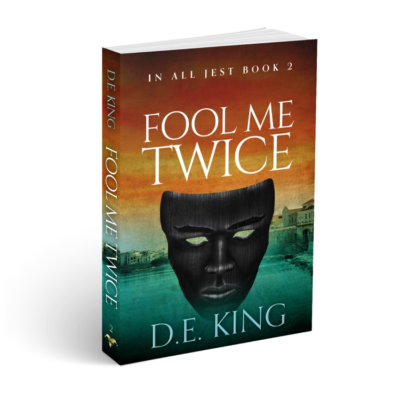 3D-rendered book titled Fool Me Twice by D.E. King with dark mask and warm-to-teal background