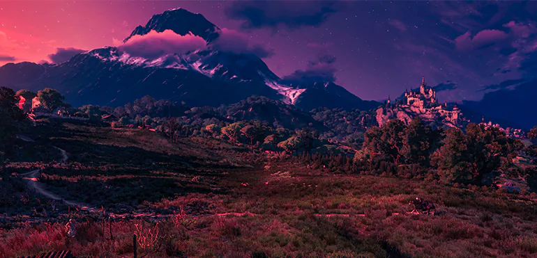 illustration o f a fantasy landscape with a castle on a hill against the backdrop of a mountain reaching into the clouds