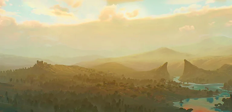 illustration of a fantasy landscape with a forest and a river gorge in the distance