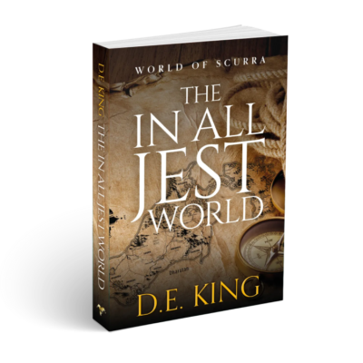 Book titled The In All Jest World by D.E. King with nautical-themed cover featuring rope, compass, and map